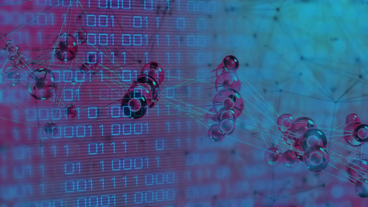Binary code and molecular structures animation over blue and red background