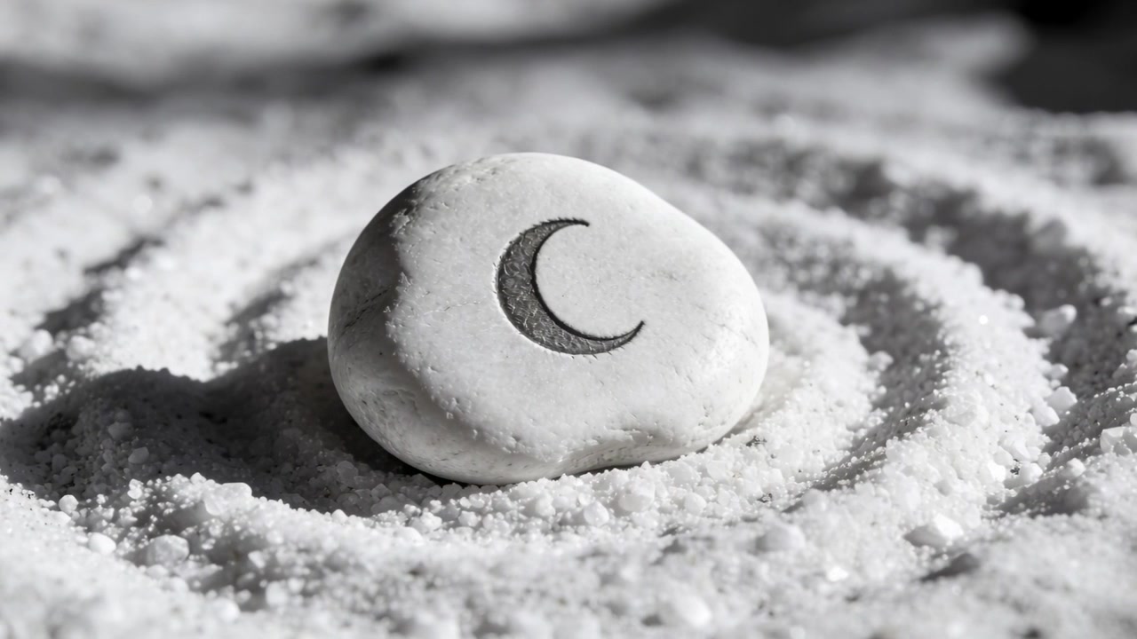 Przesuwająca się kamera ukazuje jasny kamień w studiu, podkreślając motyw półksiężyca i rytualne pierścienie.