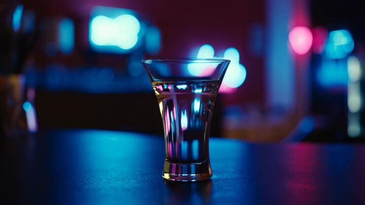 Bicchiere da shot al neon in un bar, al centro della scena, che brilla. Illuminazione cyberpunk suggestiva proietta riflessi colorati su acciaio inossidabile