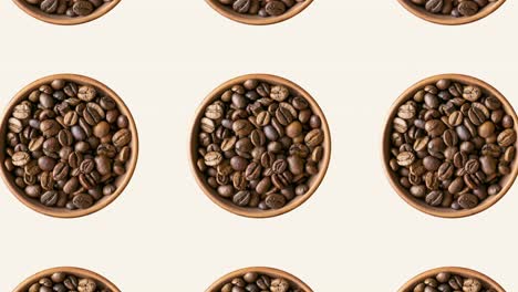 patrón geométrico con granos de café tostados en cuencos marrones en un fondo beige. fondo de animación de concepto de comida sin costuras