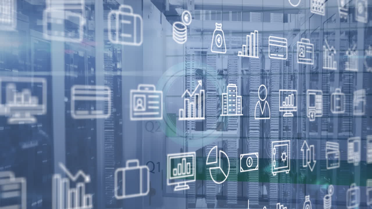 animación de múltiples iconos sobre el reloj digital contra los bastidores del servidor en segundo plano