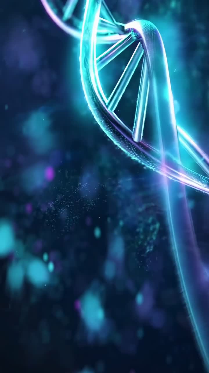 Video dinamico di un'elica di DNA luminosa, catturata da un'angolazione ravvicinata con colori al neon.