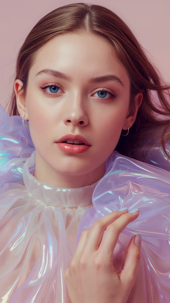 Vertical video: Breeze lifting hair while model adjusting iridescent collar in studio pink backdrop
