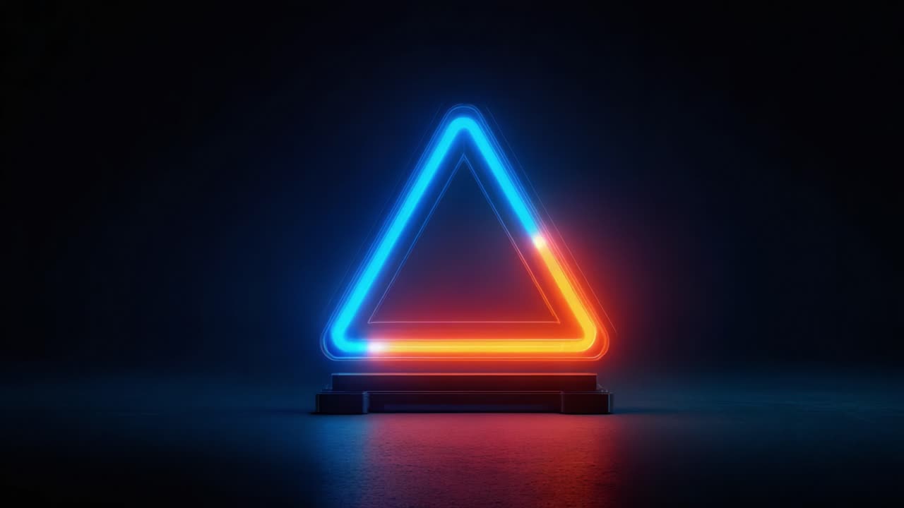 A Glowing Neon Triangular Sign Emitting Bright Colors Against a Dark Background, Symbolizing Modern Art and Stylish Design in a Dynamic Environment