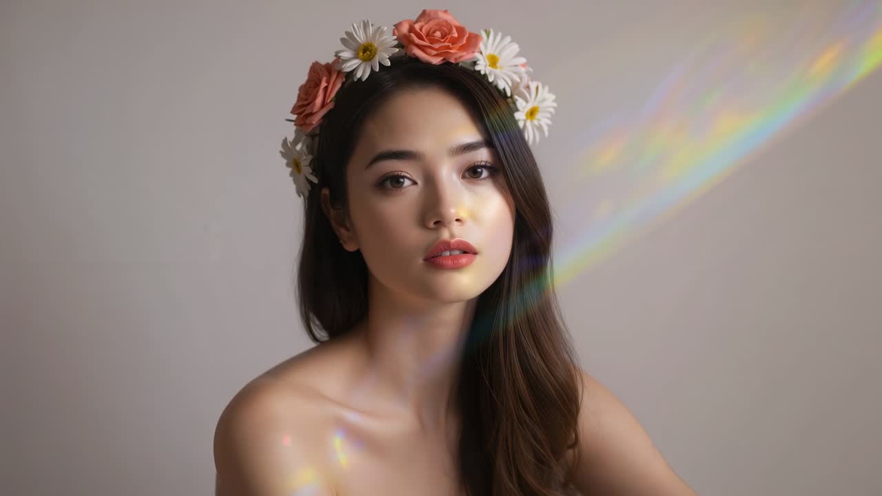 Turning head left, Asian model wearing floral headband in studio, prism rainbow light crossing face