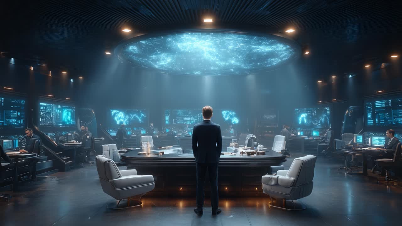 A Contemplative Leader in a High-Tech Command Center, Surrounded by Team and Advanced Technology, Gaze Fixed on the Futuristic Displays Above