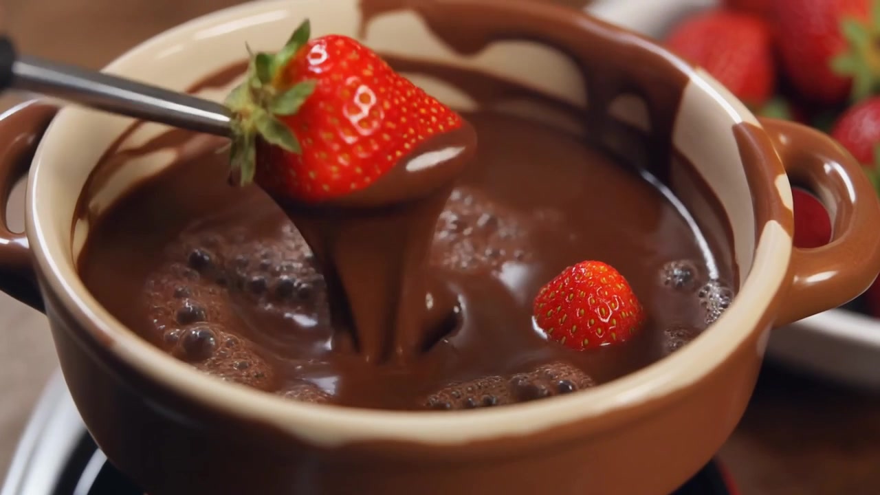 Fragola fresca immersa in fonduta di cioccolato caldo fuso