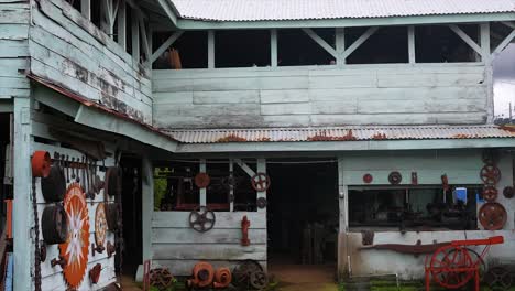 rustic building with vintage industrial machinery and gears