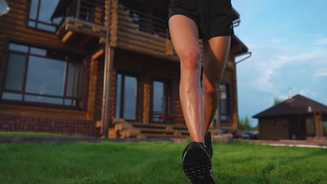 healthy lifestyle. girl running around in the morning in a premium residential area