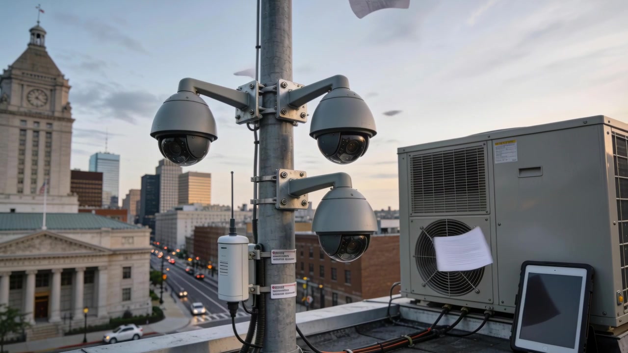 Vento a raffiche che solleva fogli sparsi attorno a un palo di metallo con tre telecamere a cupola sul tetto al tramonto