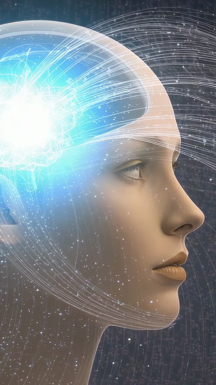 Vertical video: Female head showing core initiating trails in digital grid, depicting thinking