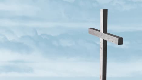 animation of silhouette of wooden christian cross over blue clouds moving in background