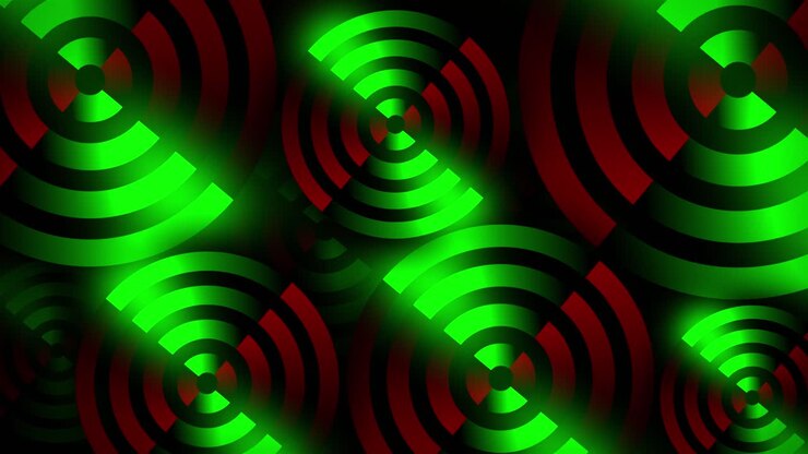 Rotating neon circles form vibrant line work as a target of glowing shapes in dynamic 3D animation illusion pattern on a dark gradient background motion graphics and visual effects colour lime maroon