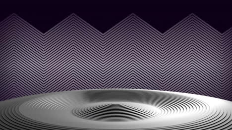animation of black and silver undulating circular podium with zigzag grey and black background