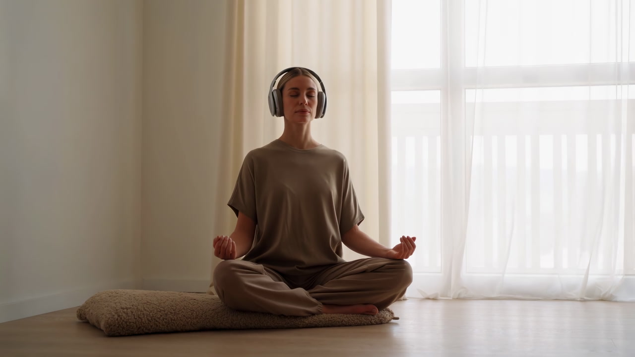 Woman Meditating With Headphones Near Window, Soft Natural Light Fills Neutral Room, Sitting Crosslegged