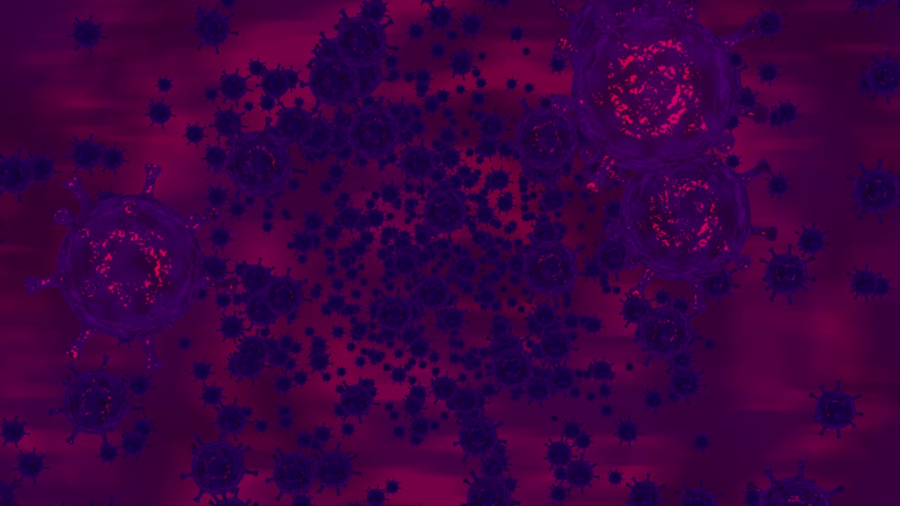 Digital background of moving virus in dark red colors, 4k footage loop animation