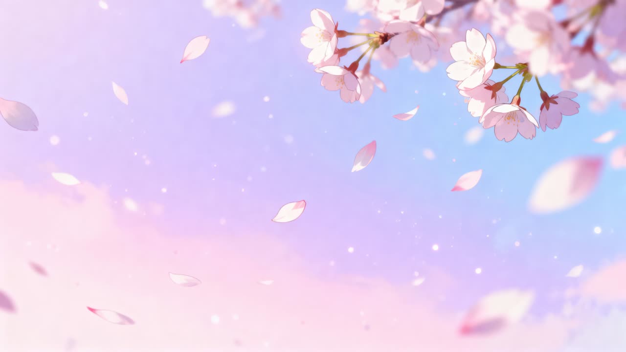 Riding spring breeze bearing falling sakura petals, glitter beneath pastel sky, branch upper-right