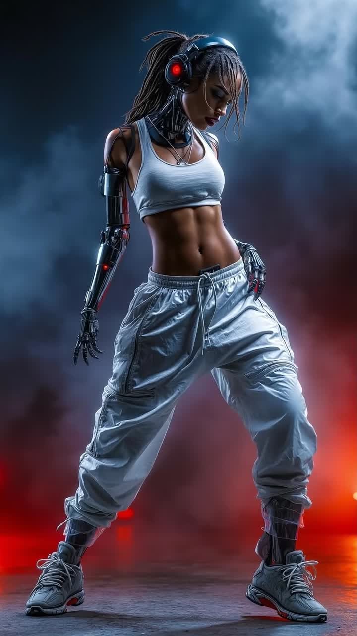 Energetic Cyborg Dancer Performing on Futuristic Stage