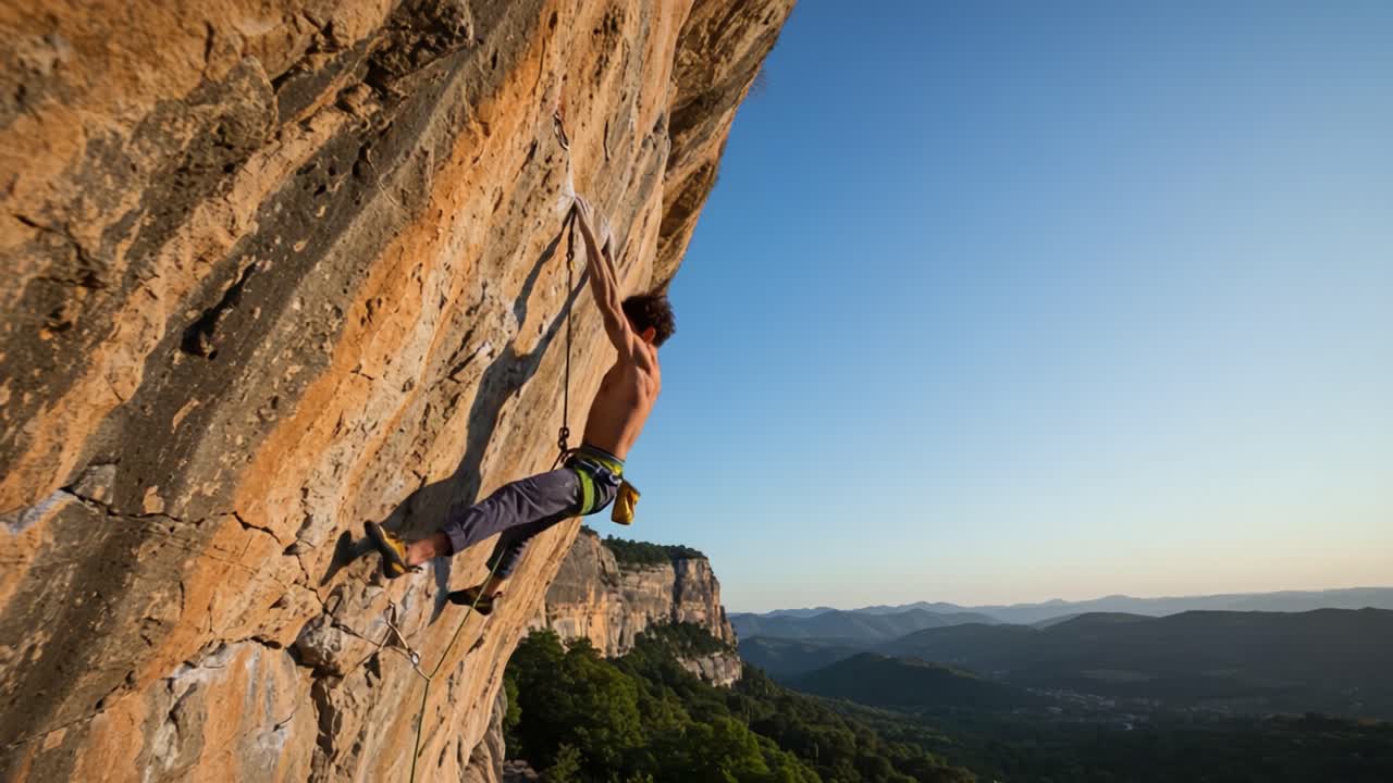 A man rock climbing on a steep cliff face under a clear sky