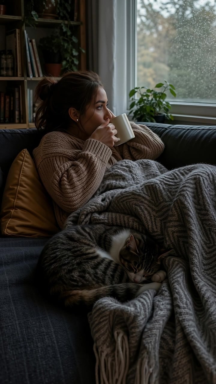 Giovane donna che si rilassa su un divano con una bevanda calda e un gatto che dorme in una giornata di pioggia.