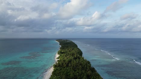 vertical aerial along dhigurah island in the maldives, a long sandbank covered in lush tropical vegetation of coconut palm trees