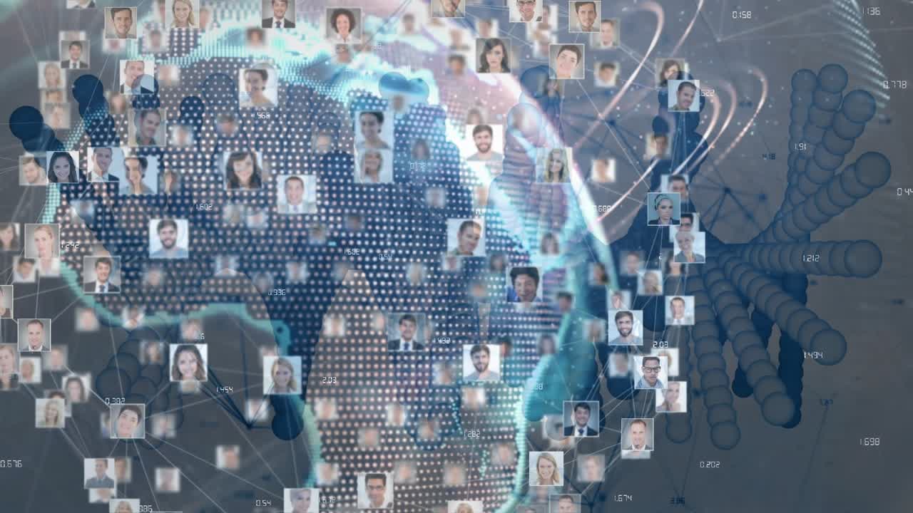 Fuente de datos iniciando globo punteado giratorio que rellena mosaicos de retratos de usuario, trazando líneas de analítica