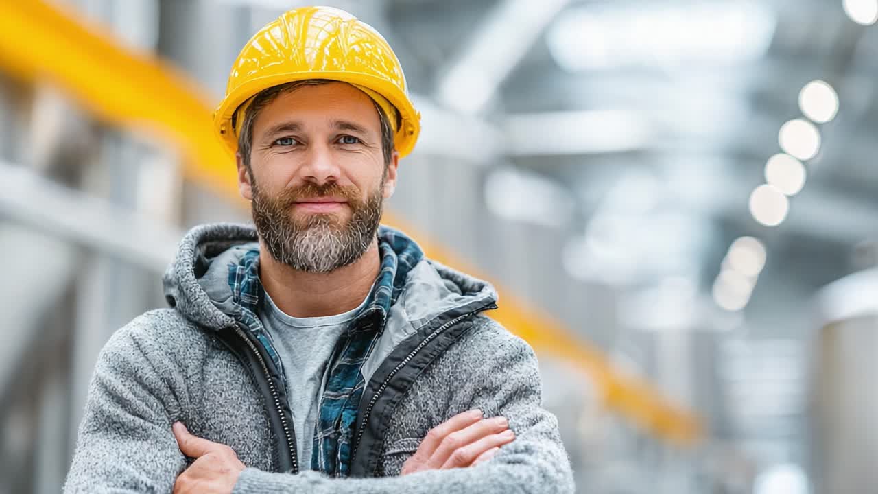 Confident Male Construction Worker with Safety Helmet and Beard, Smiling in Modern Industrial Environment with Soft Lighting and Equipment in Background
