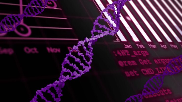 DNA strand and data charts, scientific research animation