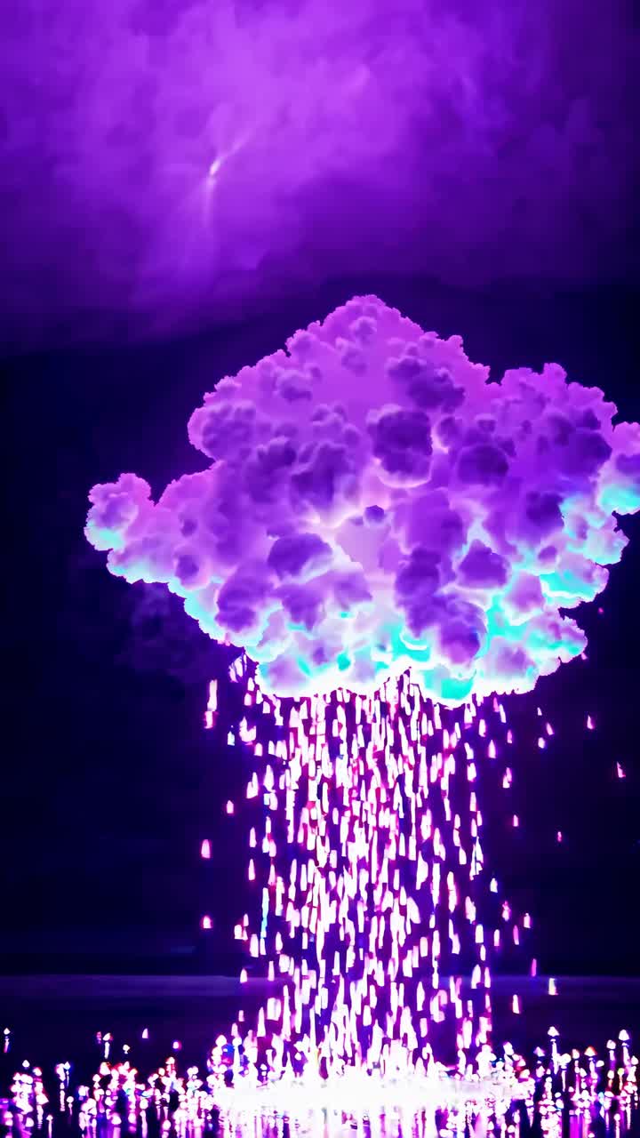 A surreal video concept of a glowing cloud raining neon lights, captured from a low angle
