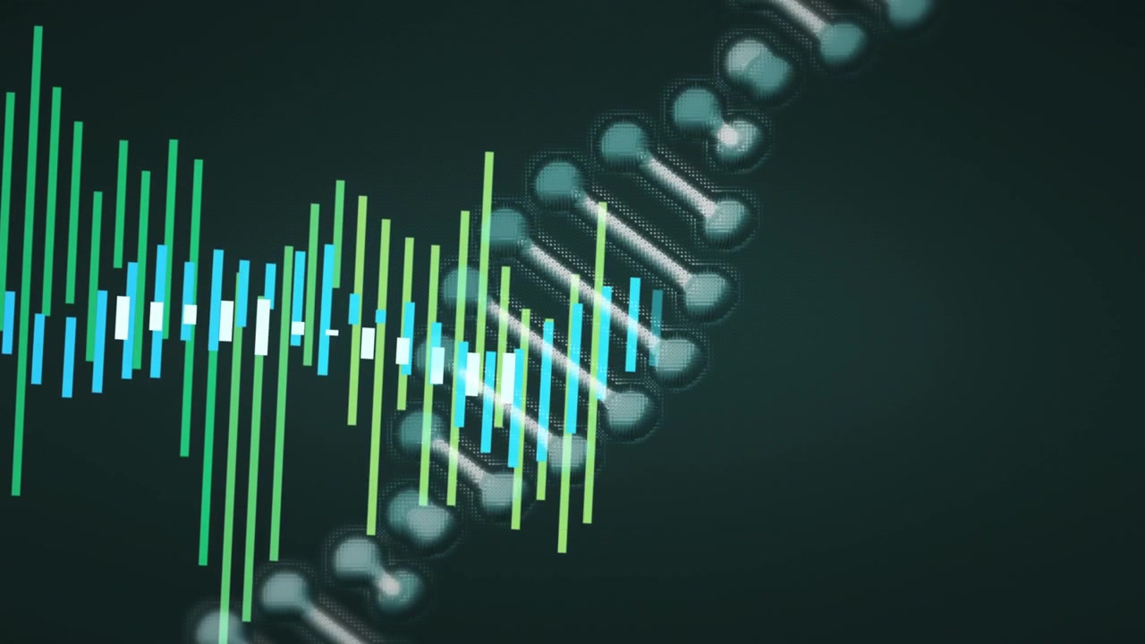 At launch teal waveform bars rising, pulsing around rotating DNA helix to visualize data flow