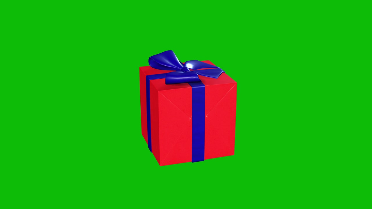 Scatola regalo avvolta in carta da regalo decorativa rossa e nastro blu in rotazione a 360 gradi su schermo verde, animazione 3D, loop continuo