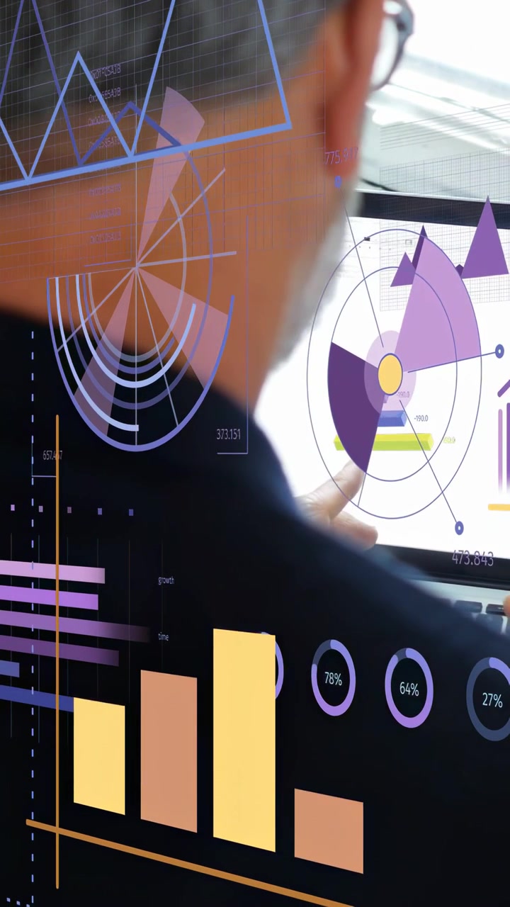 Vertical video: Man leaning and pointing at laptop purple dial as charts aligning for business