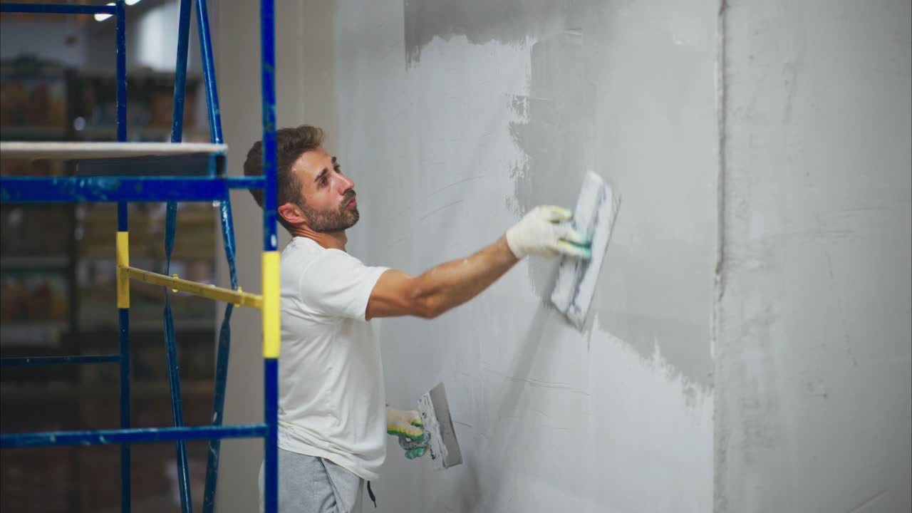 A Skilled Craftsman Smoothly Applies Finishing Touches to a Wall while Standing on a Scaffold, Demonstrating Expertise in Plastering Techniques and Interior Decoration