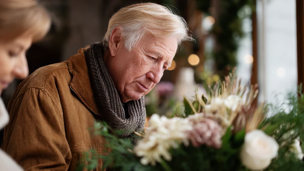A reflective moment captured as an elderly man carefully arranges a bouquet of fresh flowers, showcasing his artistry and connection to nature in a serene, intimate setting with soft lighting