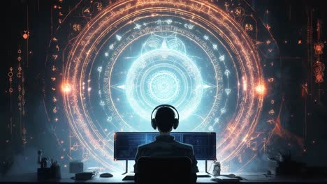 anime programmer in front of a mystical circle of power