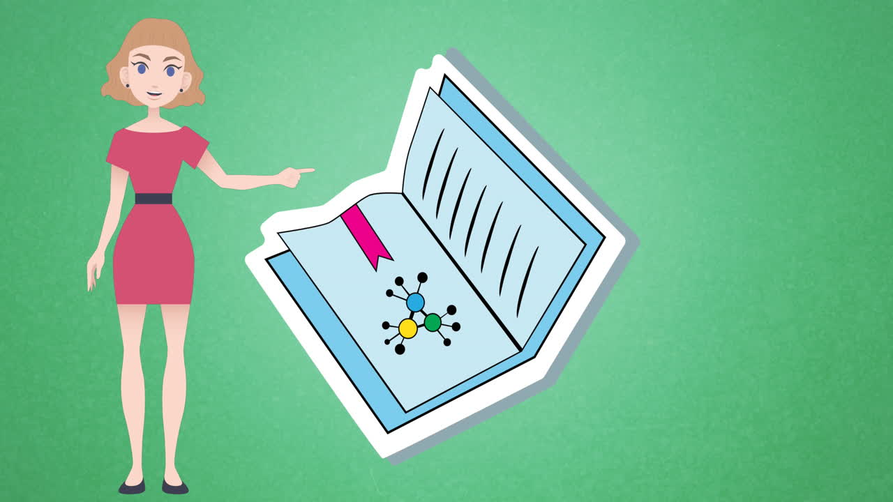 Animation of woman talking over notebook icon