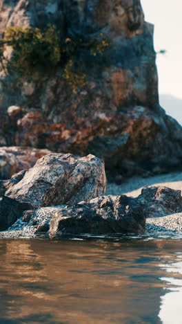 serene beach scene with rocks and calm water