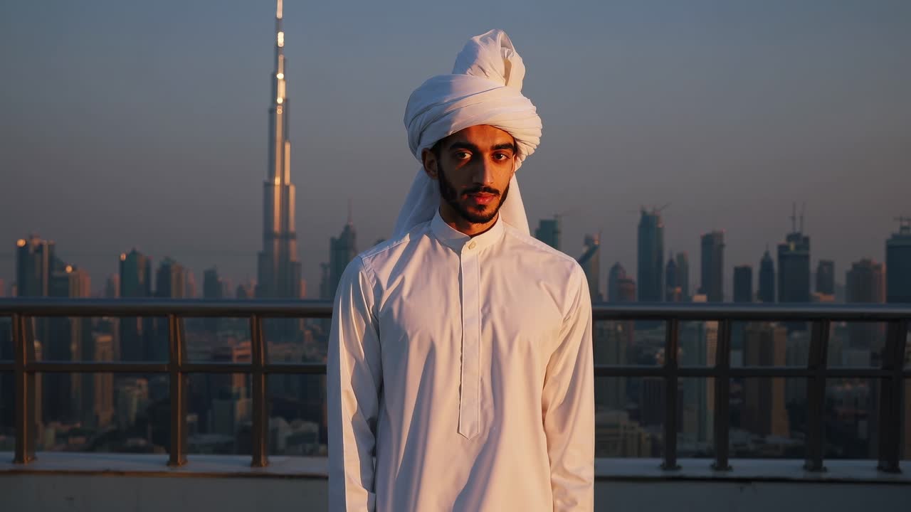 Emirati businessman in traditional clothing posing on a rooftop in Dubai at sunset, with the Burj Khalifa and city skyline highlighting success and cultural pride