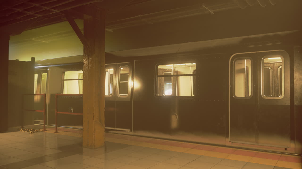 Nighttime subway arrival in a misty underground station