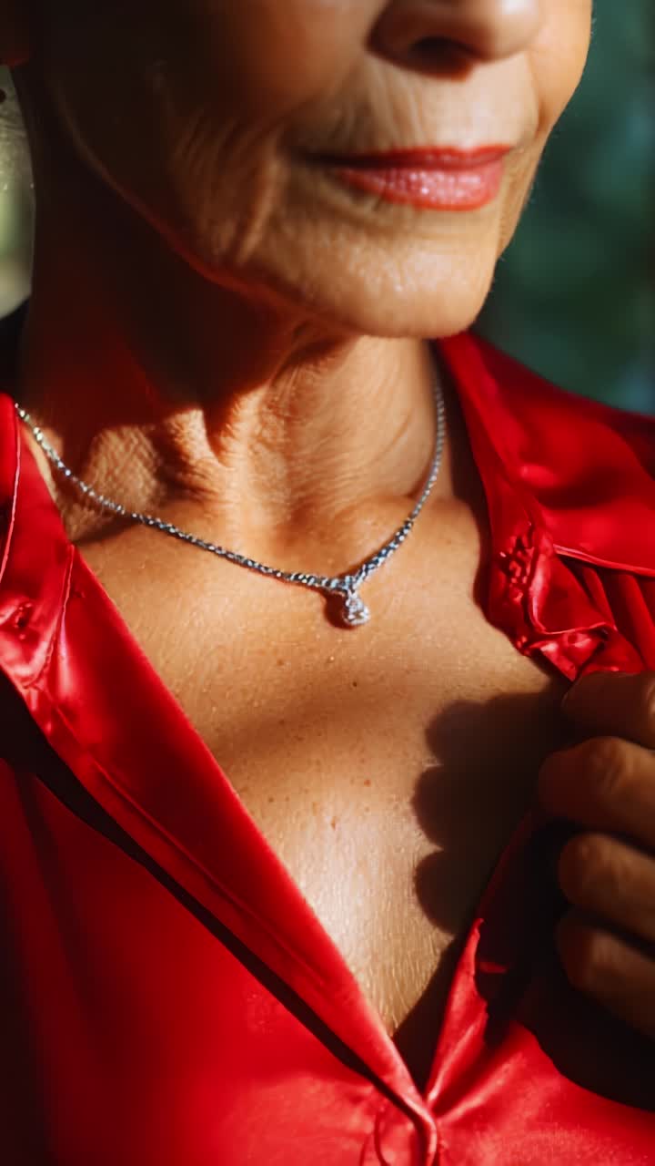 Accattivante primo piano di una donna elegante che indossa una collana straordinaria; mette in risalto i gioielli di lusso e lo stile raffinato con un tocco di bellezza senza tempo