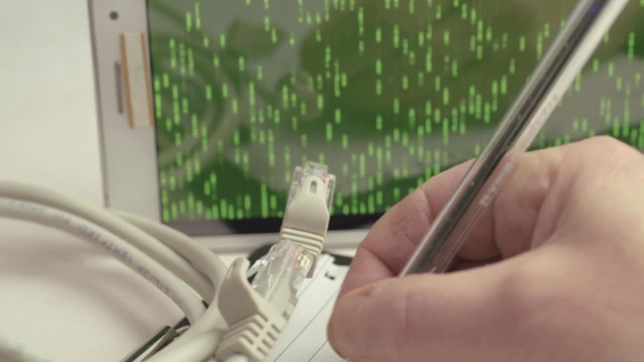 Network engineer making notes with ethernet cables with green binary data output background