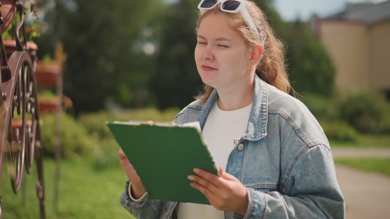 White woman walking campus with clipboard, denim jacket and sunglasses, taking notes while surveying modern building, calm sunny afternoon, focused student sketching architecture, candid motion