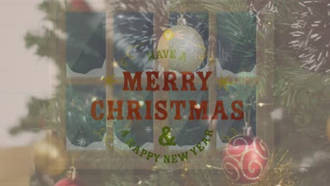 Animation-of-christmas-greetings-text-over-christmas-tree-and-decorations