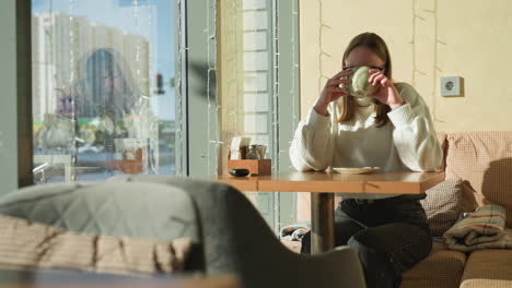 student wearing glasses drinks tea in cozy cafe near large window with soft decorative light reflections on wall, faint view of city traffic and traffic light visible through glass in background