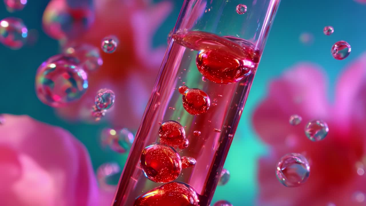 A mesmerizing close-up view of a test tube filled with vibrant red liquid, suspended in a dreamy underwater world surrounded by soft blooms and bubbles, creating an enchanting visual composition