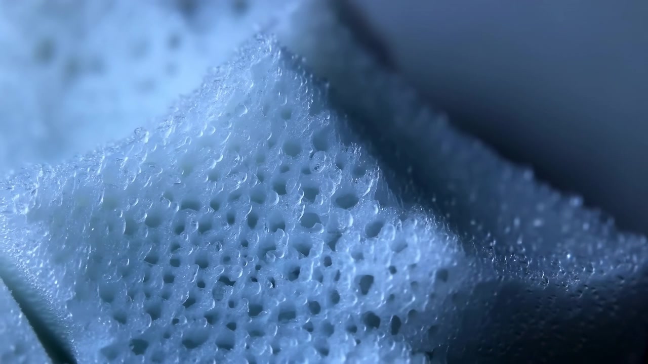 Vista in movimento in primissimo piano di una spugna bianca porosa per la pulizia che forma una pronunciata cresta triangolare con pori a cellula aperta, pareti sottili e traslucide, microbolle, minuscole goccioline speculari e una messa a fuoco delicata.