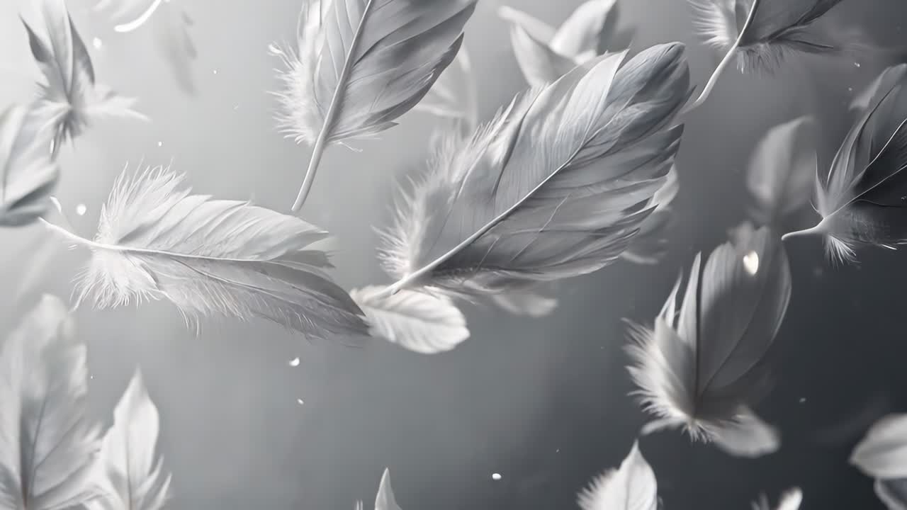A large number of white feathers scattered throughout the frame. The feathers appear to be in various stages of falling, creating a sense of movement and fluidity