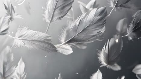 a large number of white feathers scattered throughout the frame. the feathers appear to be in various stages of falling, creating a sense of movement and fluidity