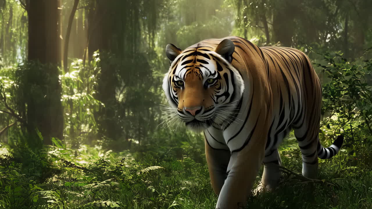 Tiger walking through a lush green jungle