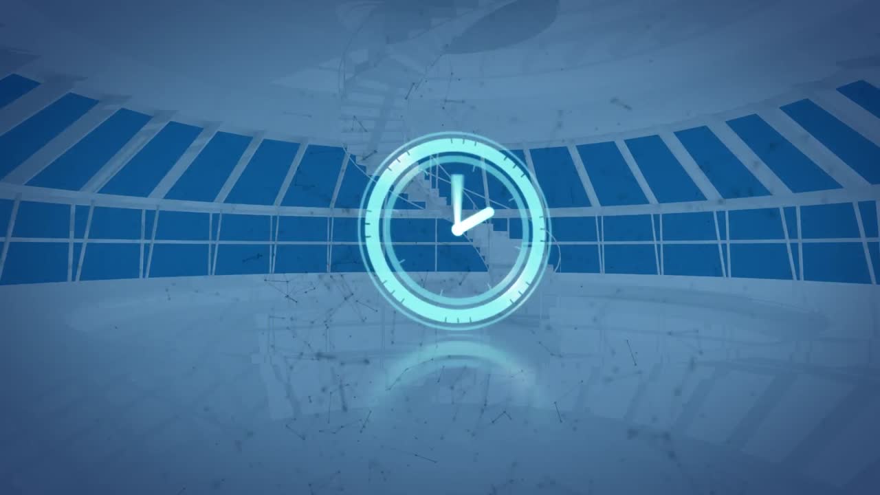 animación del reloj en movimiento sobre la oficina en segundo plano